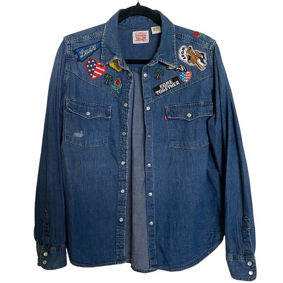 Levi's Blue Denim Shirt with Colorful Patches Size L - Picture 3 of 8